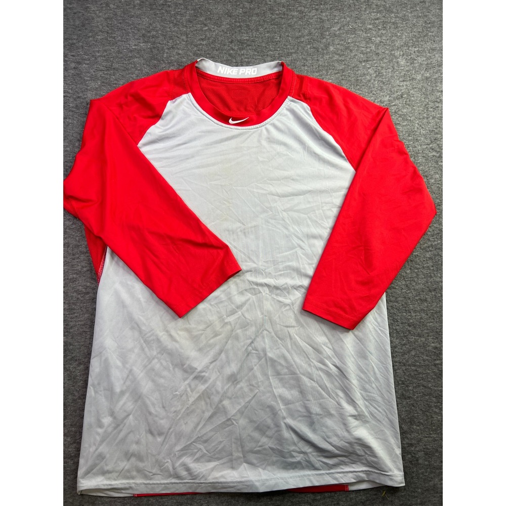 Nike Pro Mens XL Dri-FIT Baseball Shirt Red Grey Raglan 3/4 Sleeve 880659-658 - Picture 2 of 12